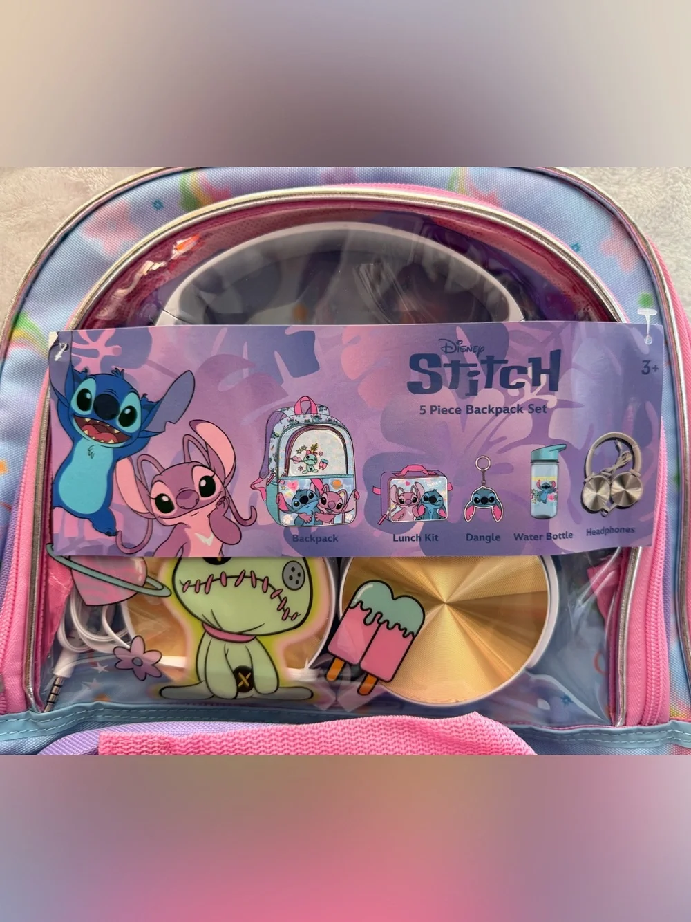 Disney Stitch & Angel 5 Piece Backpack Set Lunch Bag Bottle Headphones